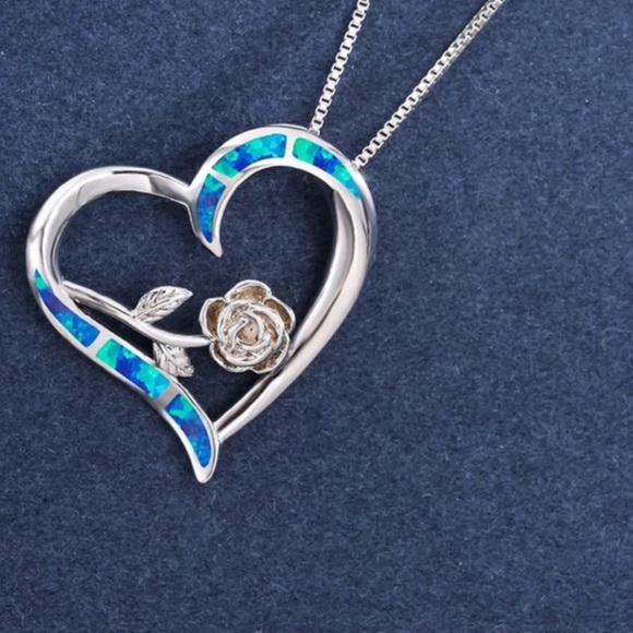 🆕 | Blue Simulated Opal | Rose Flower | 14K White Gold Plated Women’s Necklace - Picture 6 of 7